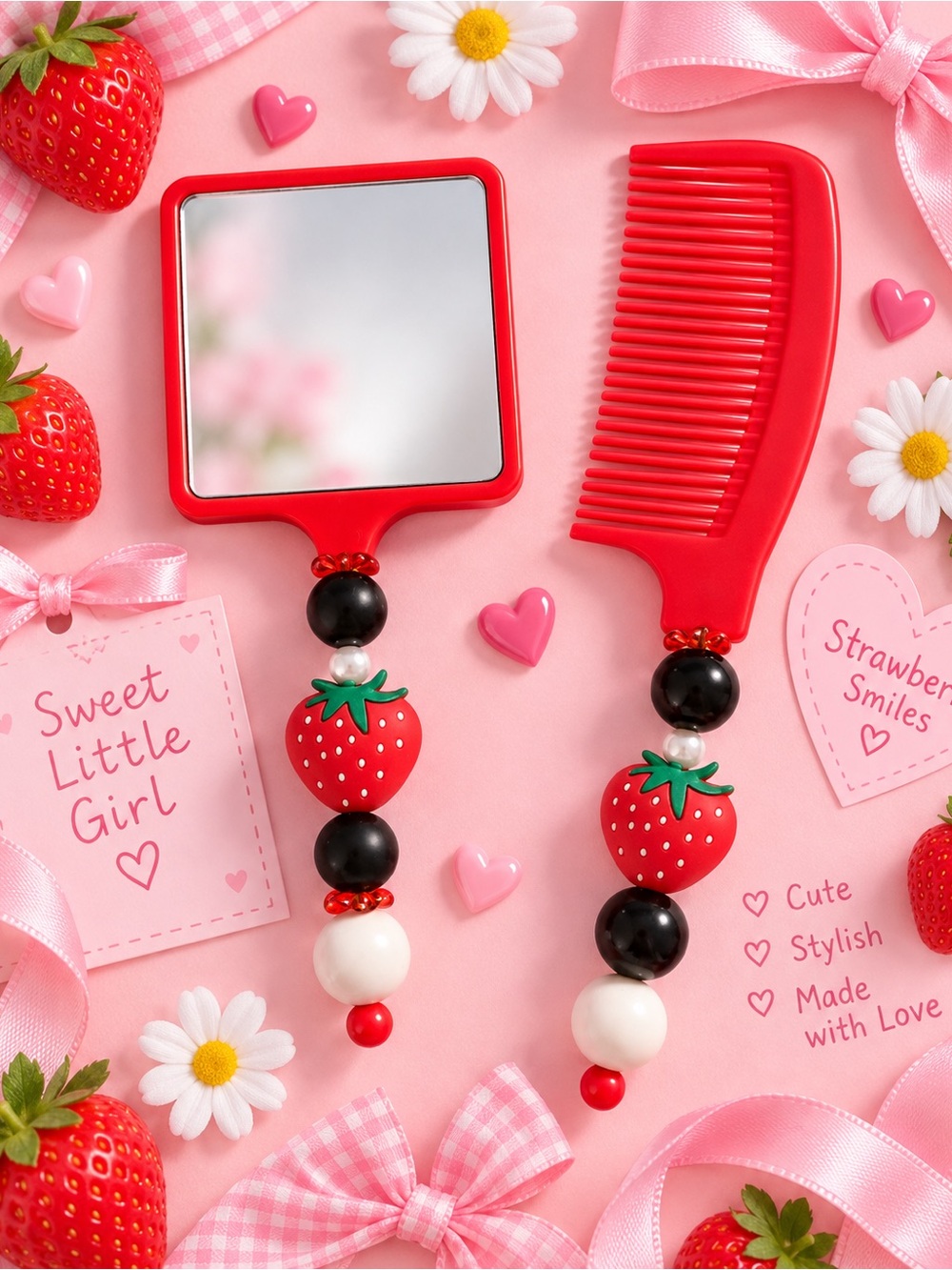 Hand Crafted Red Strawberry Mirror & Comb Set with Black and White Beads